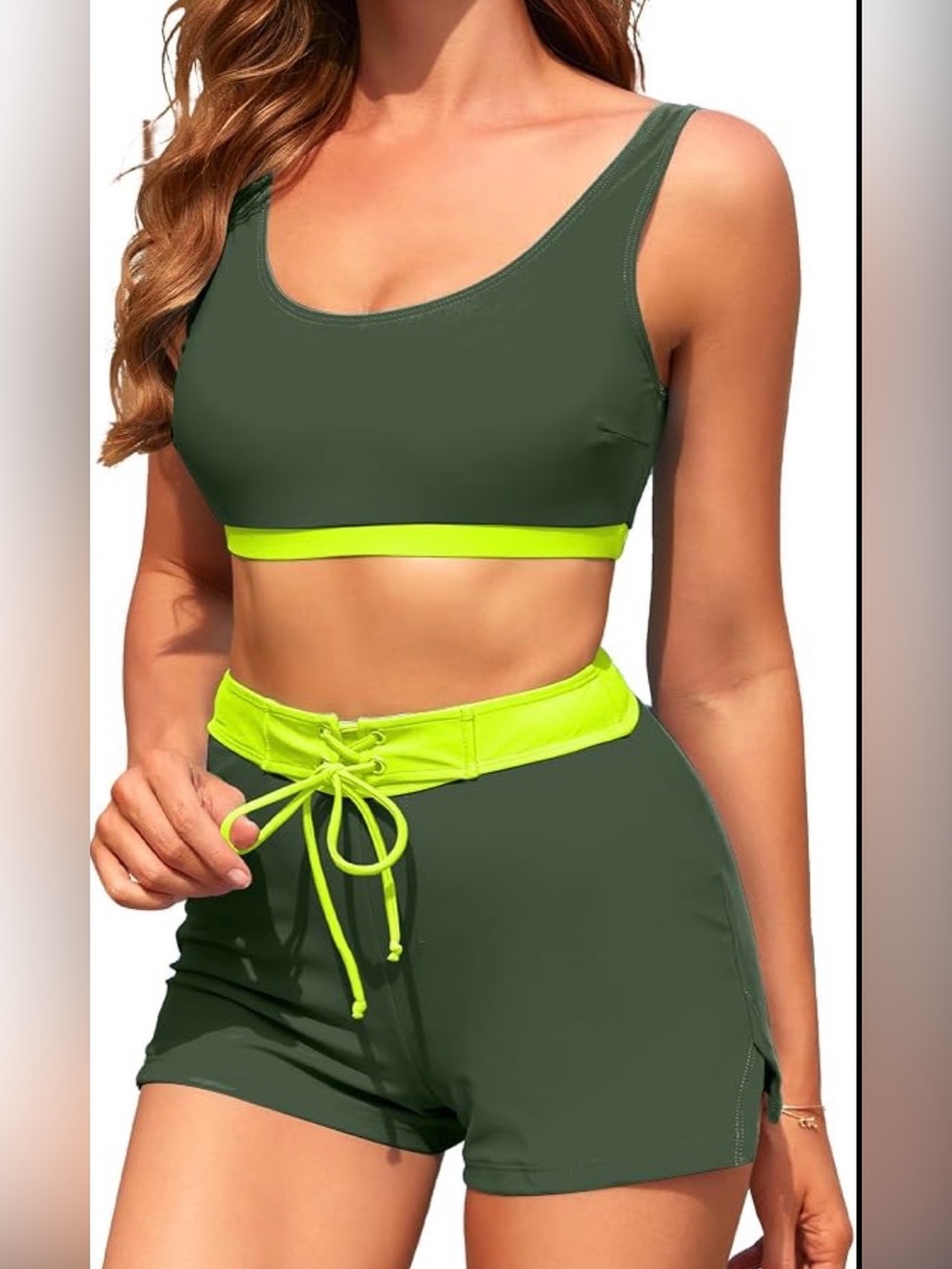 Women’s Olive Green & Neon Yellow Two-Piece Swim Set
